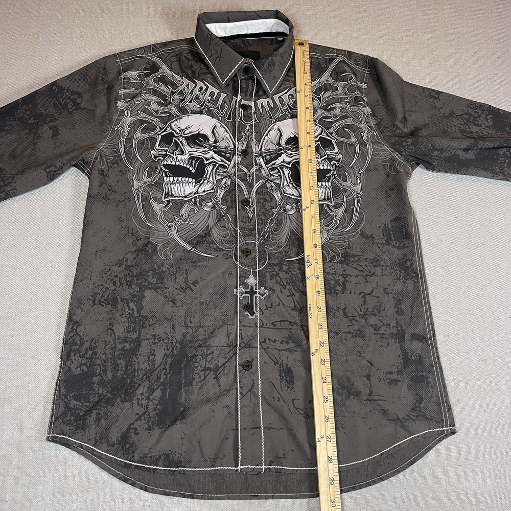 Affliction Live Fast Button Shirt Mens M Skull Cross Grunge Stretch Material - Picture 8 of 8